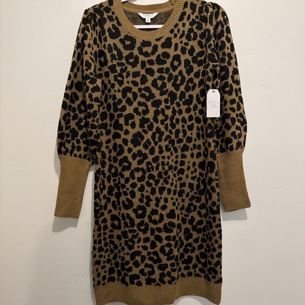 NEW Time and Tru Leopard Print Sweater Dress size Small Long sleeve Midi dress